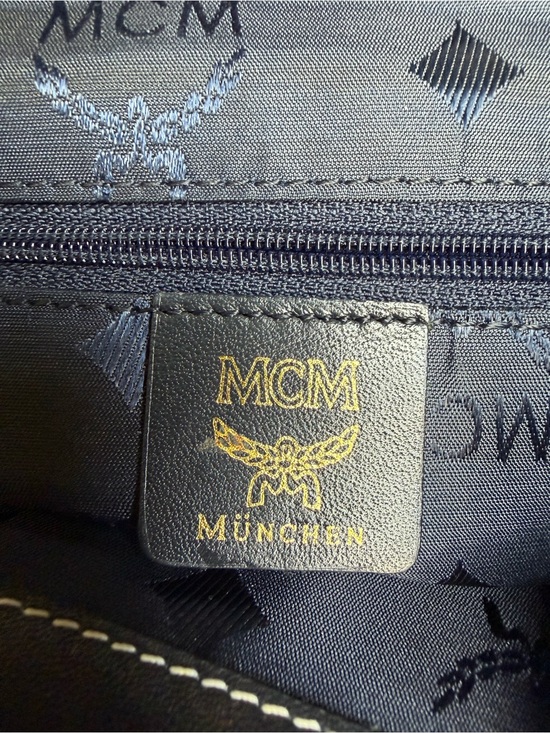 MCM Beige and Navy Visetos Logo Canvas Backpack with Gold Hardware